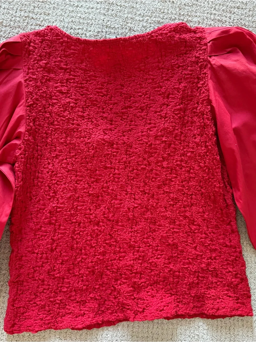 Anthropologie Coral-Red Puff-Sleeve Textured Button Front Top